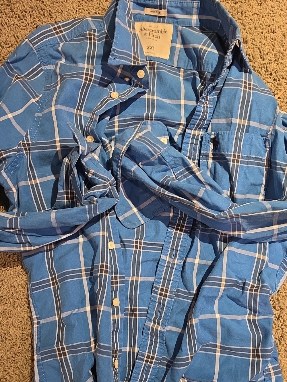 Abercrombie & Fitch Men's Blue and White Plaid Button-Down Shirt